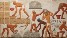 Pintura mural de una tumba de Tebas. Semitas con negros fabrican ladrillos. Sacan agua de piscina rodeada de árboles. Lodo esponjado con garfios y llevando y colocando en moldes de madera con asa para ser secados al sol. Son apilados y llevados por cuerda.