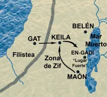 David derrota a los filisteos en Keila y viaja a región de Zif y luego a Maón