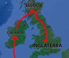 El mapa muestra los traslados profetizados del trono de David. Según la tradición, Jeremías estableció la dinastía real en Irlanda, la cual fue derrocada y plantada en Escocia y más tarde trasladada a Inglaterra.