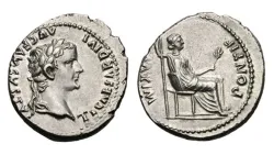Denario con cara y sello de Tiberio César (14-37 d.C.).