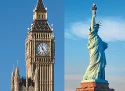 El reloj Big Ben en London, Inglaterra y la Estatua de la Libertad en Nueva York, Estados Unidos.