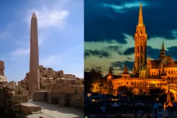 Obelisco antiguo e iglesia moderna