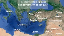 Mapa de los orígenes de la gente que estuvo presente en el milagro de Pentecostés y escucharon en sus lenguas.