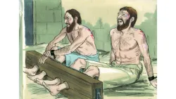 Representación artística de Pablo y Silas en el cepo.