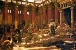 Representación de la visita de la reina de Sabá – El trono del rey Salomón con 12 leones.